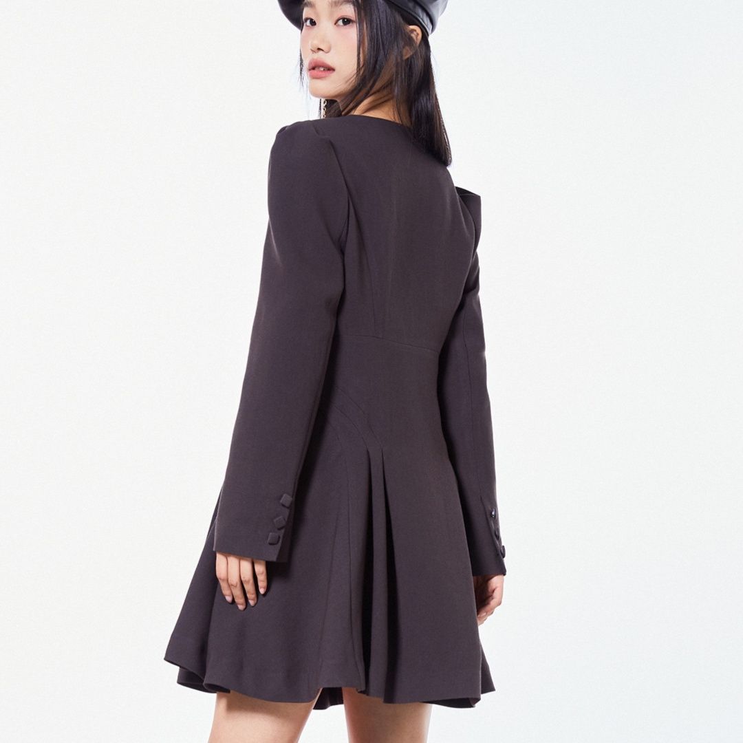 パーティードレス スクエアネック二重ボタンプリーツ裾ワンピース