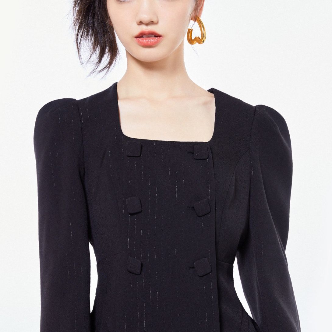 パーティードレス スクエアネック二重ボタンプリーツ裾ワンピース