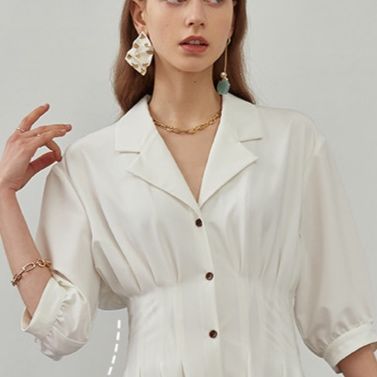 パーティードレス 襟付きシャツ風ウエストギャザーロング丈ワンピース