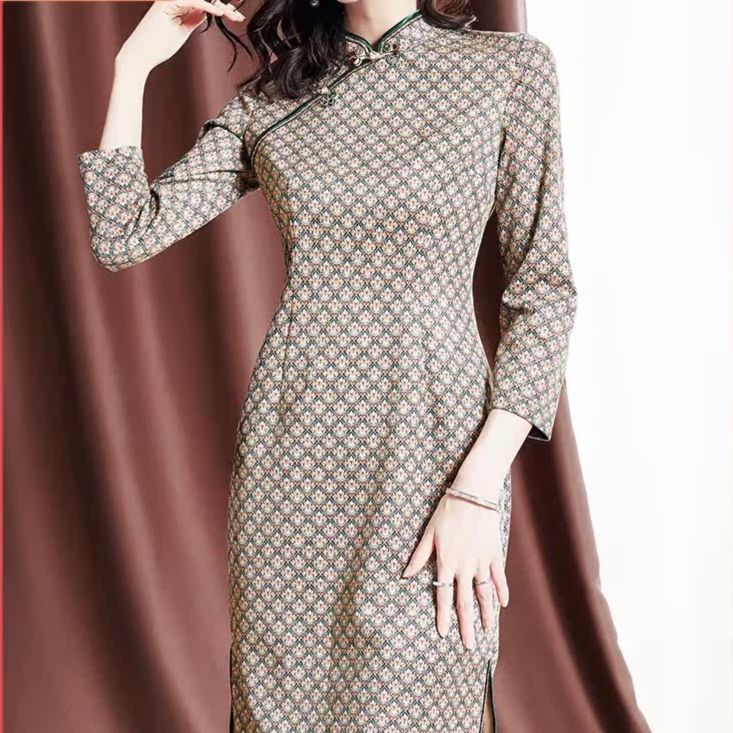 パーティードレス 幾何学模様チャイナ風スリット入り長袖ワンピース