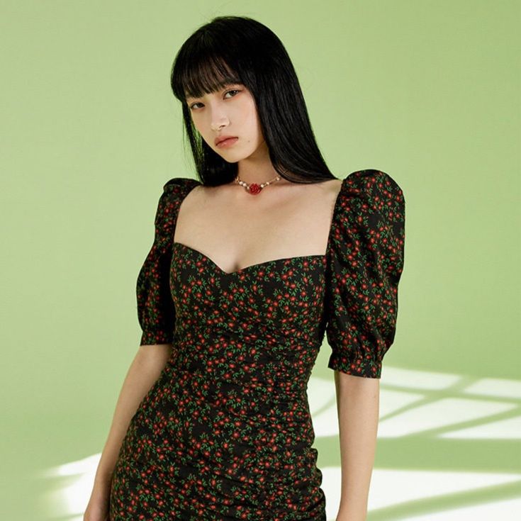 パーティードレス 小花柄パフスリーブバックリボンワンピース