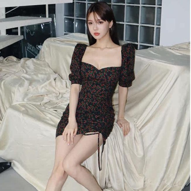 パーティードレス 小花柄パフスリーブバックリボンワンピース