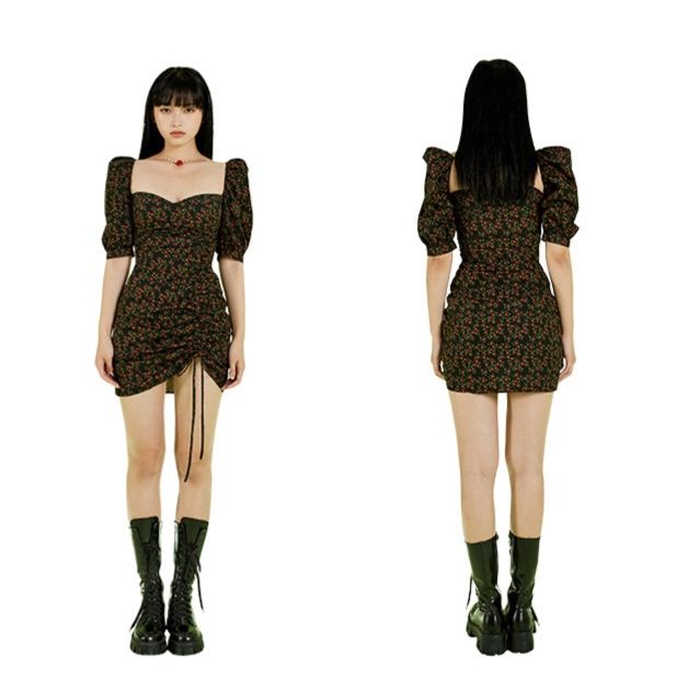 パーティードレス 小花柄パフスリーブバックリボンワンピース