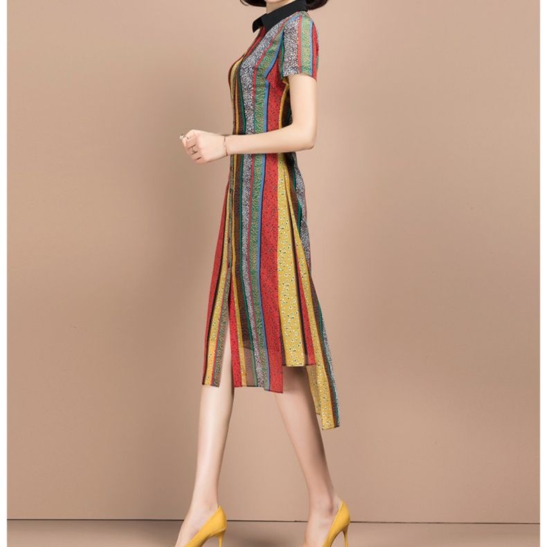 パーティードレス 縦縞柄襟付き半袖ミディ丈ワンピース