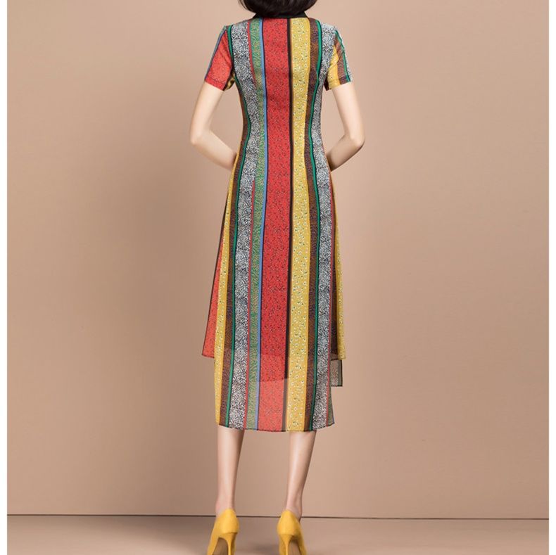 パーティードレス 縦縞柄襟付き半袖ミディ丈ワンピース