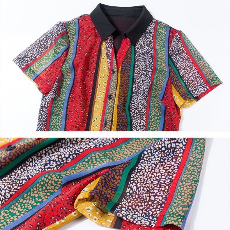 パーティードレス 縦縞柄襟付き半袖ミディ丈ワンピース