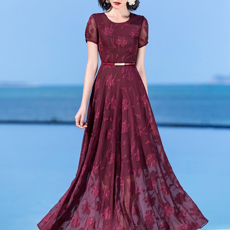 パーティードレス 花柄刺繍シフォン半袖ロング丈ワンピース