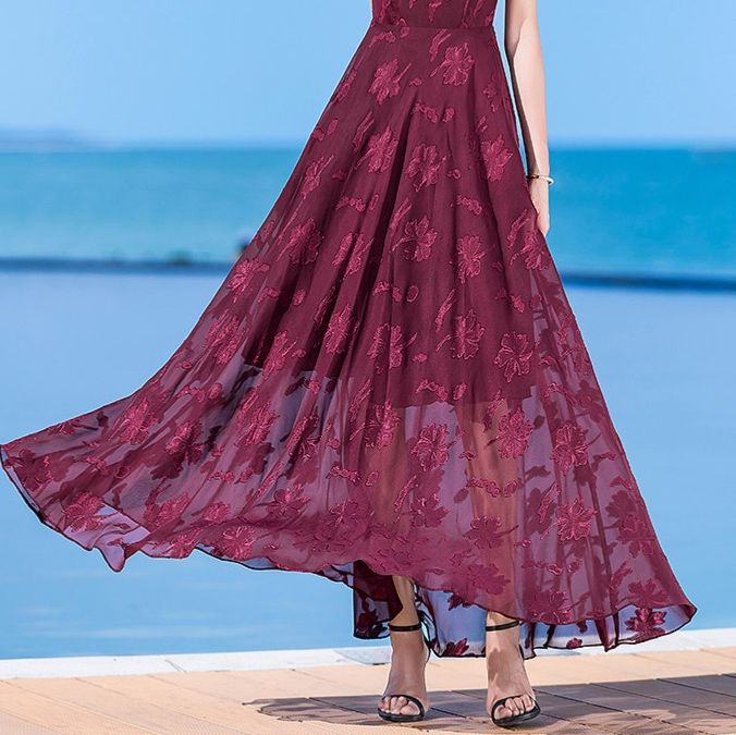 パーティードレス 花柄刺繍シフォン半袖ロング丈ワンピース