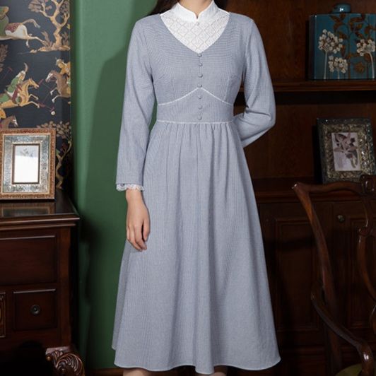 パーティードレス レース襟付きクラシカル長袖ミディ丈ワンピース