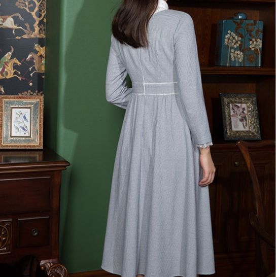 パーティードレス レース襟付きクラシカル長袖ミディ丈ワンピース