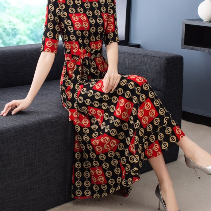 パーティードレス 幾何学模様エレガント五分袖ロング丈ワンピース