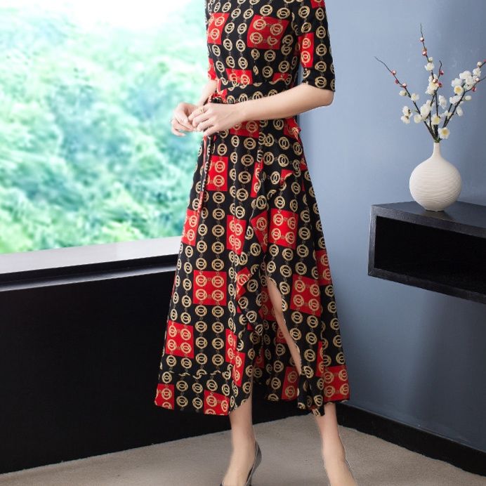 パーティードレス 幾何学模様エレガント五分袖ロング丈ワンピース