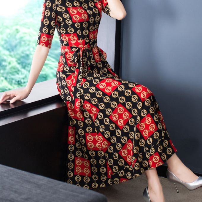 パーティードレス 幾何学模様エレガント五分袖ロング丈ワンピース