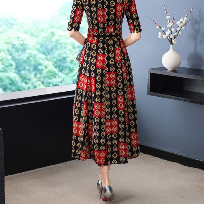 パーティードレス 幾何学模様エレガント五分袖ロング丈ワンピース