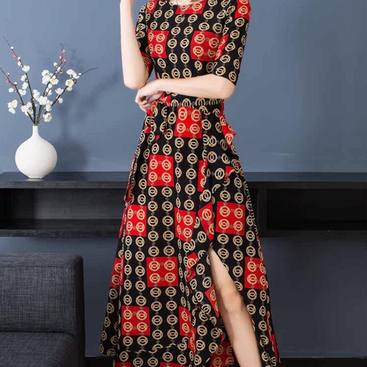 パーティードレス 幾何学模様エレガント五分袖ロング丈ワンピース