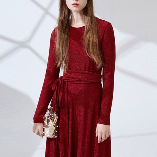 パーティードレス ウエストリボン付き長袖ニットワンピース