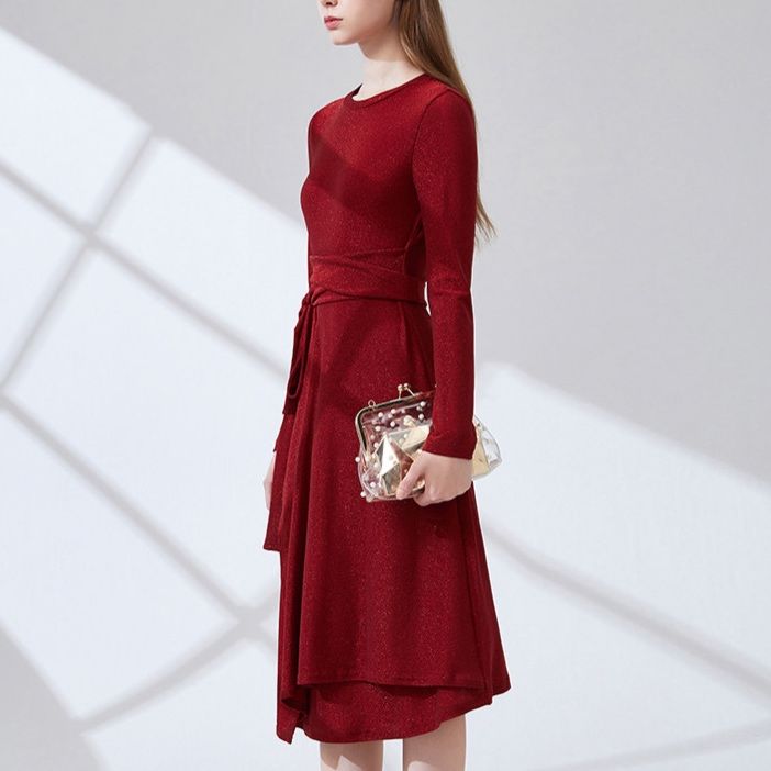 パーティードレス ウエストリボン付き長袖ニットワンピース