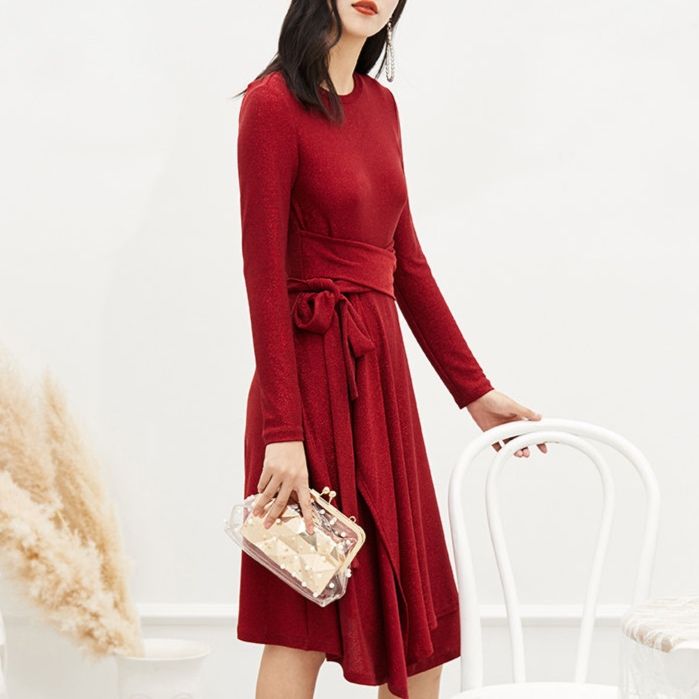 パーティードレス ウエストリボン付き長袖ニットワンピース