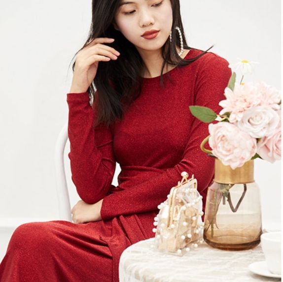 パーティードレス ウエストリボン付き長袖ニットワンピース