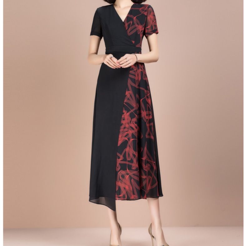 パーティードレス 花柄切替デザイン半袖ミディ丈ワンピース