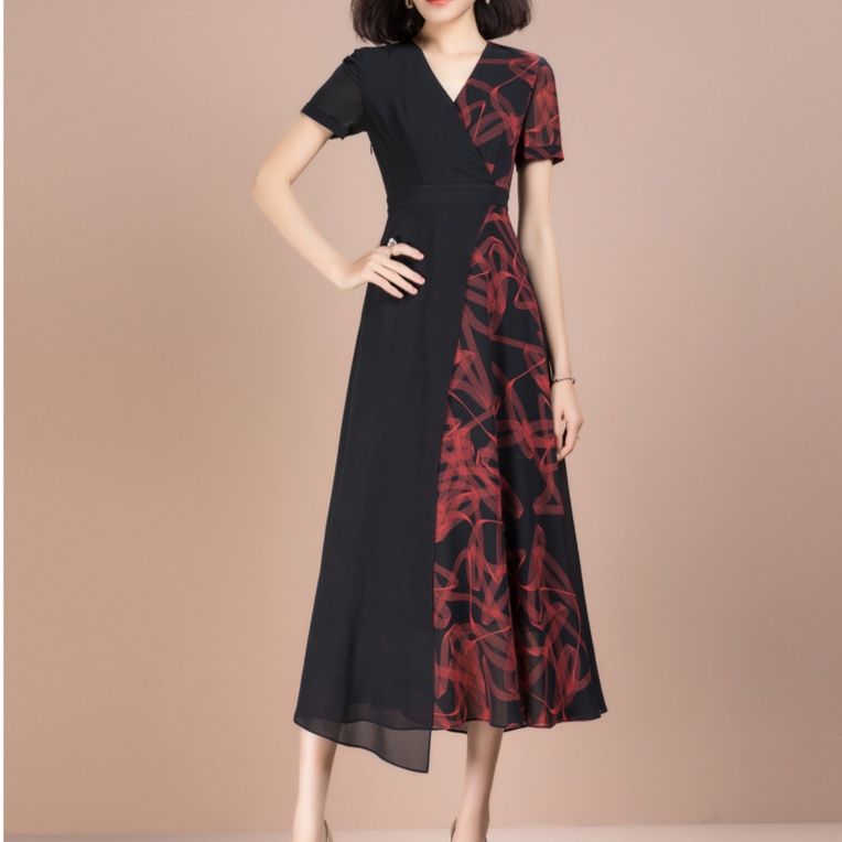 パーティードレス 花柄切替デザイン半袖ミディ丈ワンピース