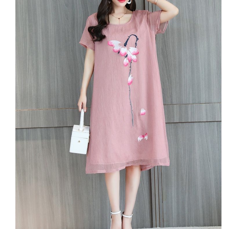 パーティードレス 花びら舞う蝶モチーフ刺繍入り半袖ワンピース