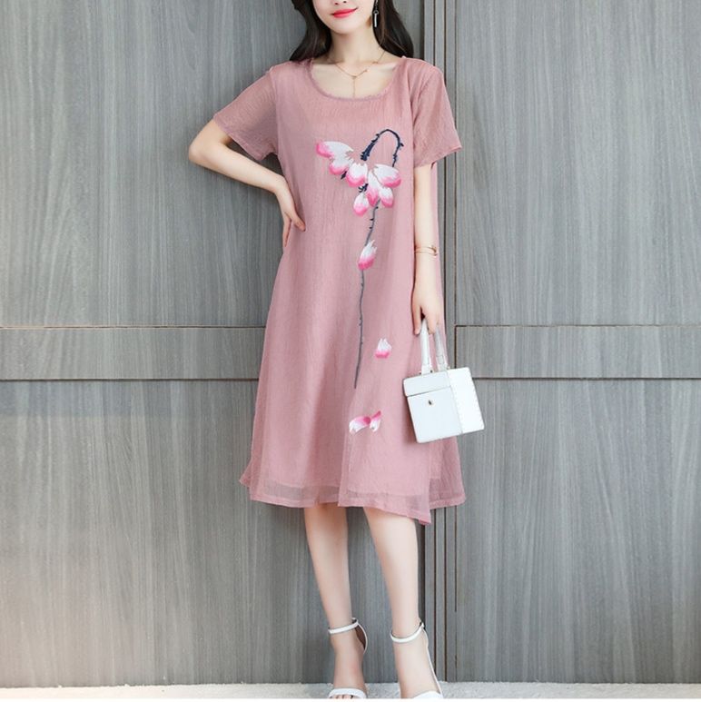パーティードレス 花びら舞う蝶モチーフ刺繍入り半袖ワンピース