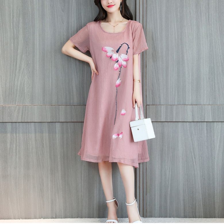パーティードレス 花びら舞う蝶モチーフ刺繍入り半袖ワンピース