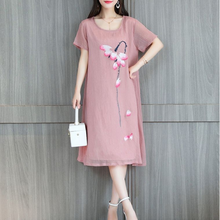 パーティードレス 花びら舞う蝶モチーフ刺繍入り半袖ワンピース