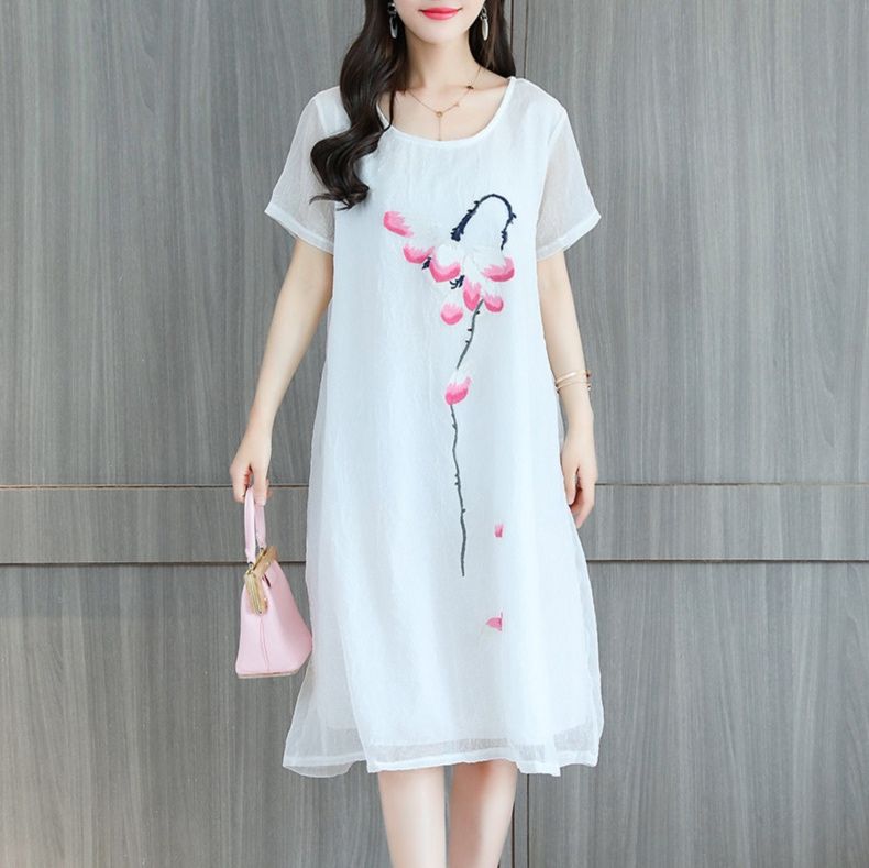 パーティードレス 花びら舞う蝶モチーフ刺繍入り半袖ワンピース