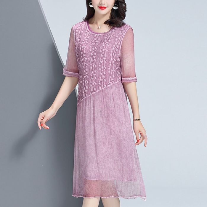 パーティードレス 上品刺繍レース切替五分袖パーティードレス