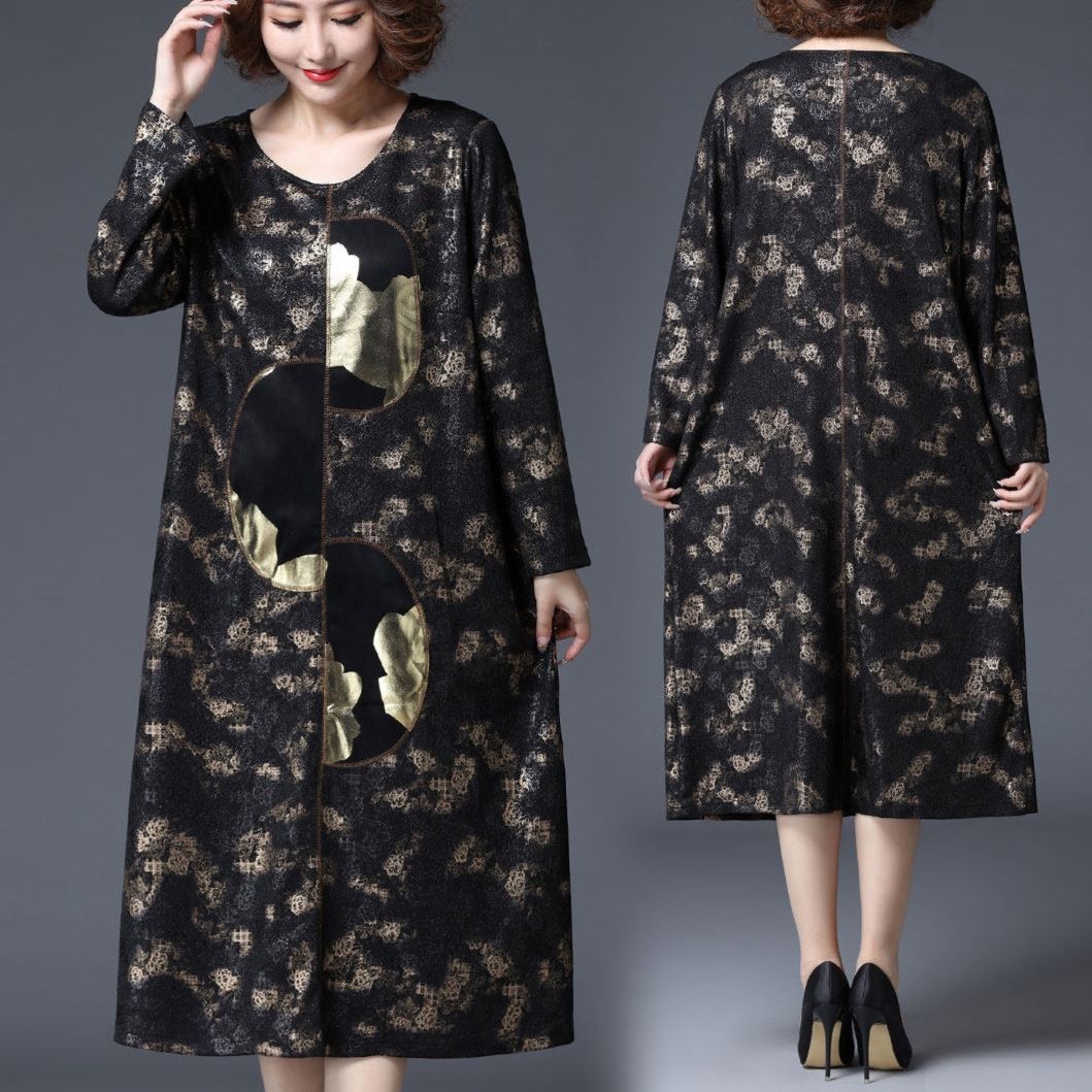 パーティードレス 光沢花柄刺繍長袖膝丈ゆったりシルエットワンピース