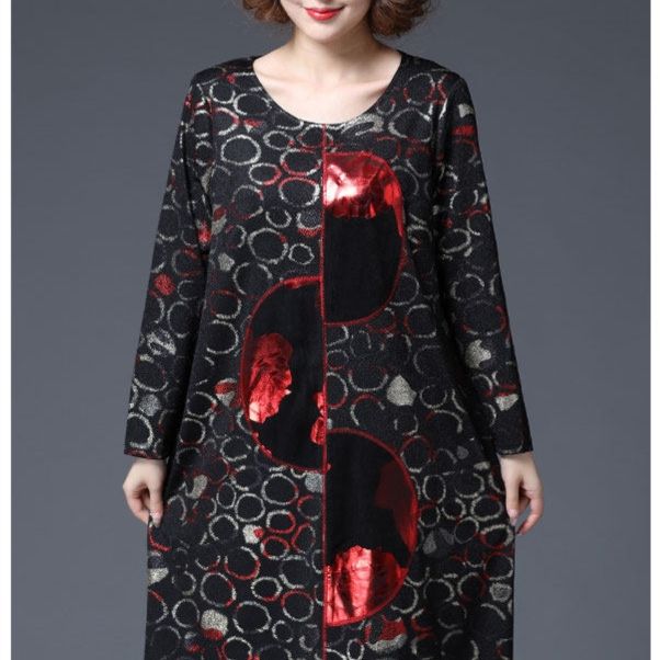 パーティードレス 光沢花柄刺繍長袖膝丈ゆったりシルエットワンピース