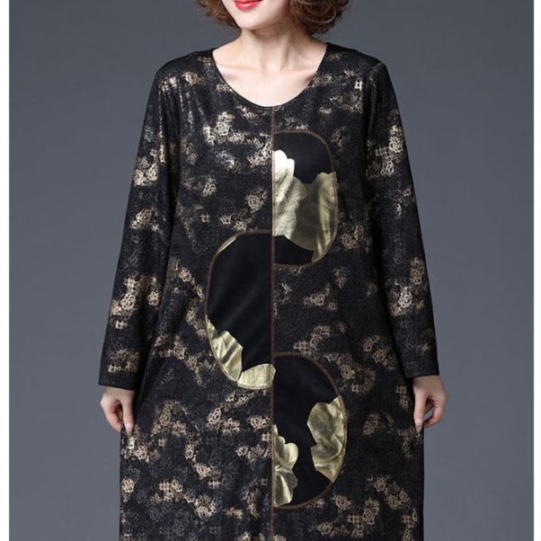 パーティードレス 光沢花柄刺繍長袖膝丈ゆったりシルエットワンピース