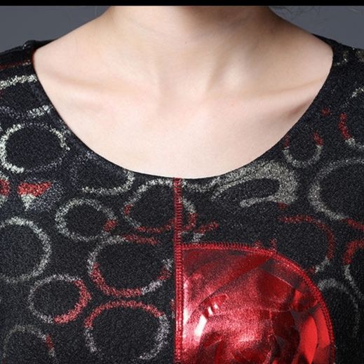 パーティードレス 光沢花柄刺繍長袖膝丈ゆったりシルエットワンピース