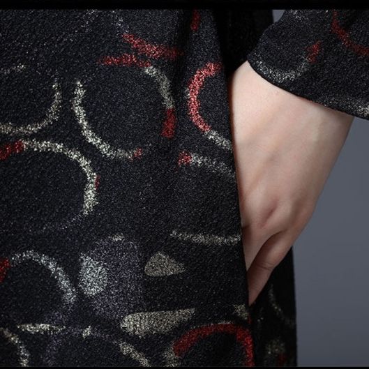 パーティードレス 光沢花柄刺繍長袖膝丈ゆったりシルエットワンピース