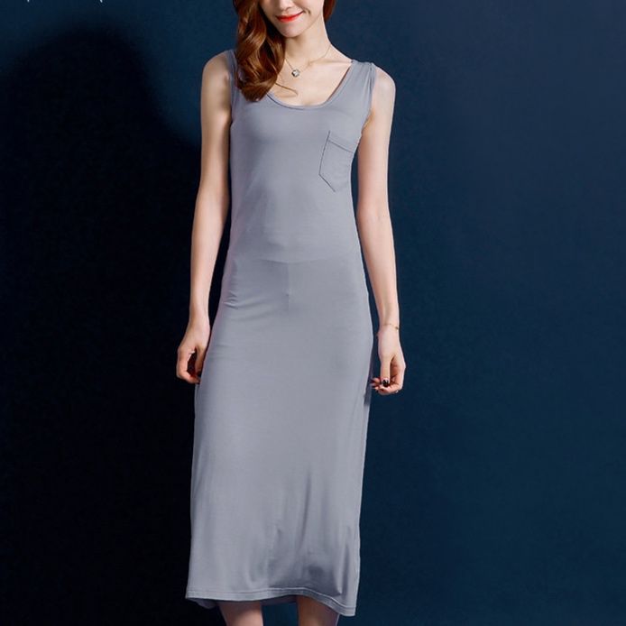 パーティードレス 胸ポケット付きノースリーブタイトミディ丈ワンピース