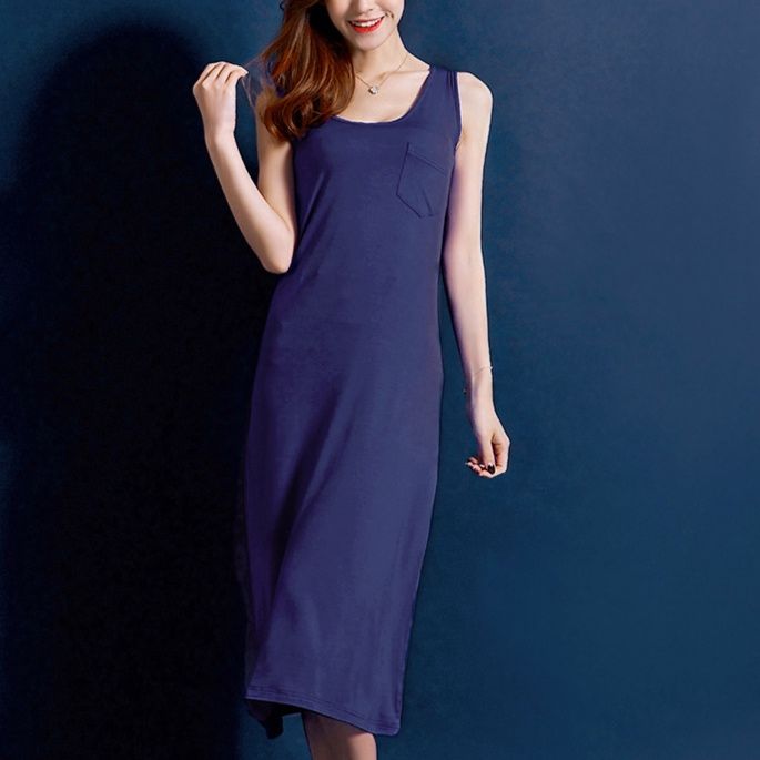 パーティードレス 胸ポケット付きノースリーブタイトミディ丈ワンピース