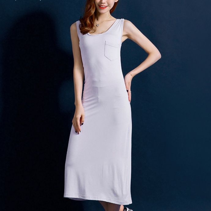パーティードレス 胸ポケット付きノースリーブタイトミディ丈ワンピース