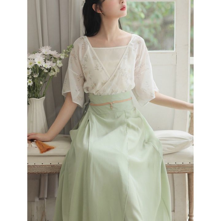 パーティードレス 花柄シフォンブラウス重ね着風ハイウエストワンピース