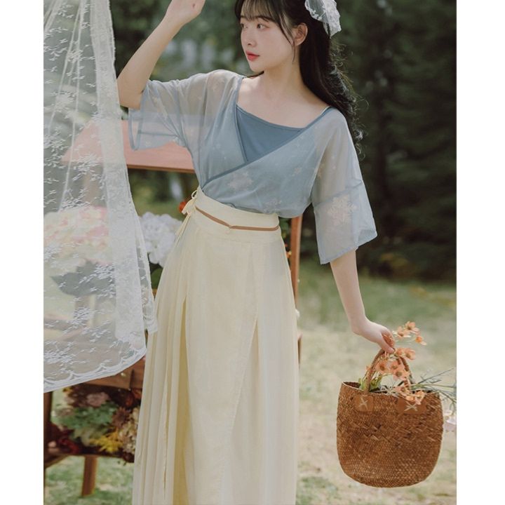 パーティードレス 花柄シフォンブラウス重ね着風ハイウエストワンピース