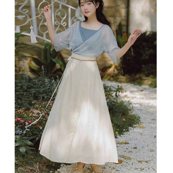 パーティードレス 花柄シフォンブラウス重ね着風ハイウエストワンピース