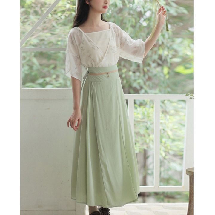 パーティードレス 花柄シフォンブラウス重ね着風ハイウエストワンピース