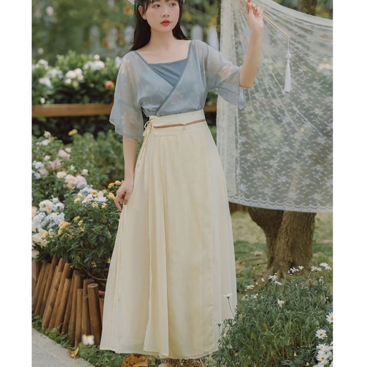 パーティードレス 花柄シフォンブラウス重ね着風ハイウエストワンピース