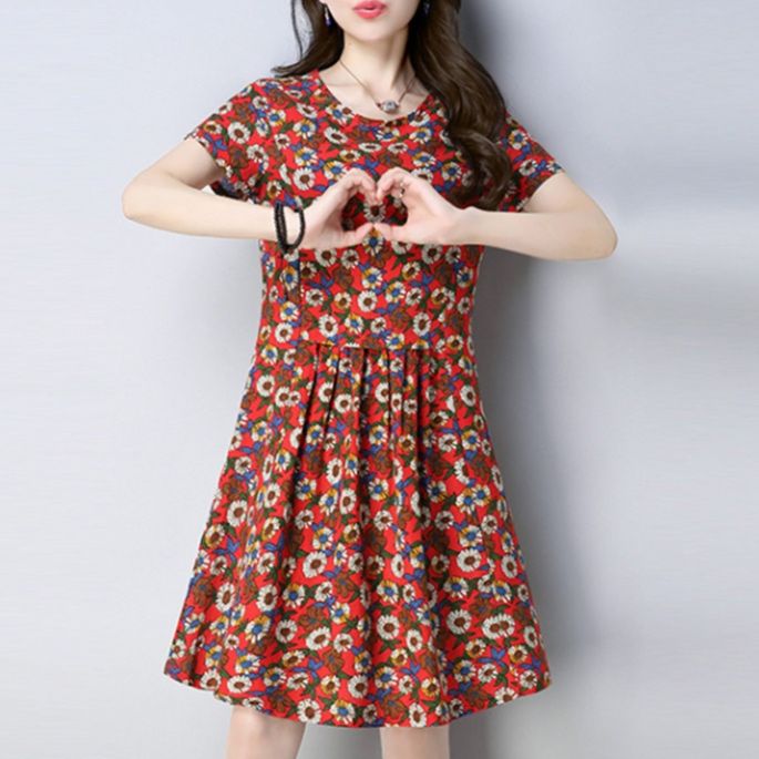 パーティードレス 華やか小花柄半袖フレアワンピース