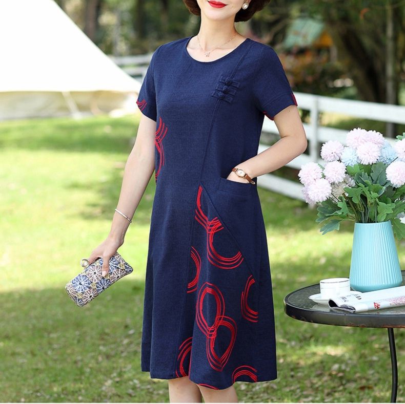 パーティードレス 円形刺繍デザイン半袖ワンピース