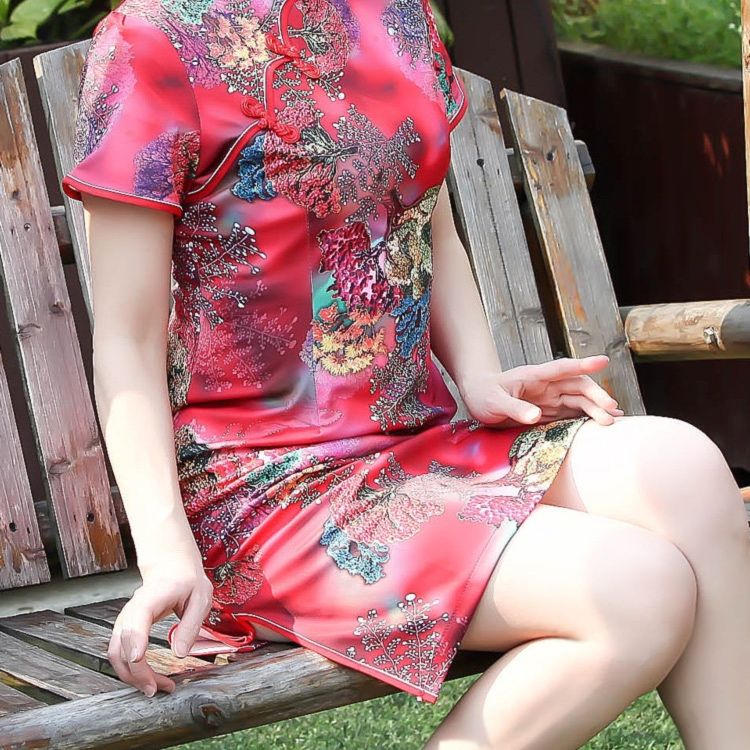 パーティードレス 華やか刺繍入りチャイナ風半袖ワンピース