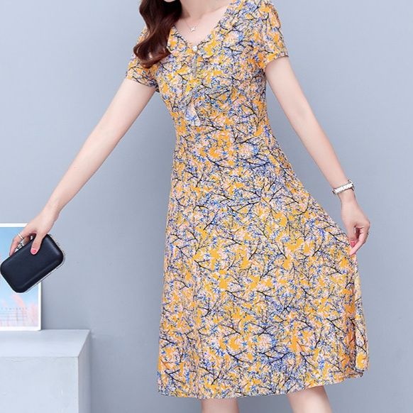 パーティードレス 花柄プリント半袖フレアワンピース