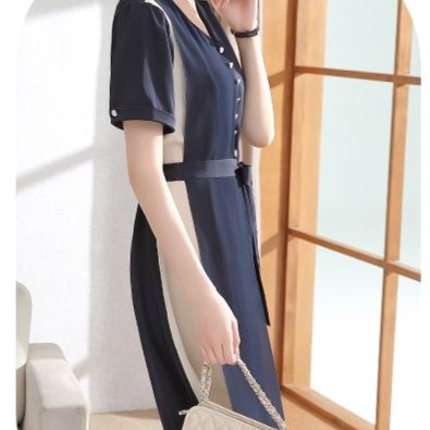 パーティードレス 襟付きボタン飾りウエストリボンミモレ丈大人ワンピース