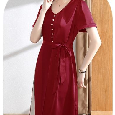 パーティードレス 襟付きボタン飾りウエストリボンミモレ丈大人ワンピース